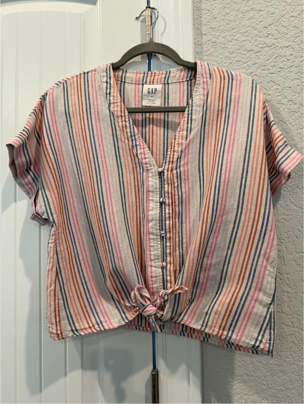 GAP Women's Short Sleeve Button-Up Striped Blouse with Front Tie